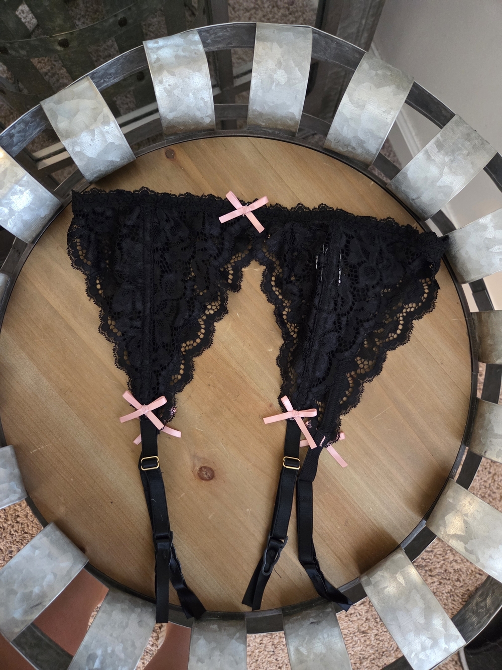 Black Lace Garter Attachment with Pink Bow Trim